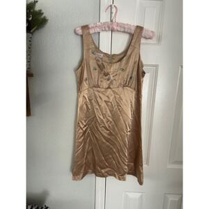 Vintage Blondie and Me Gold Satin Butterfly Embroidered Mini Dress Empire Waist